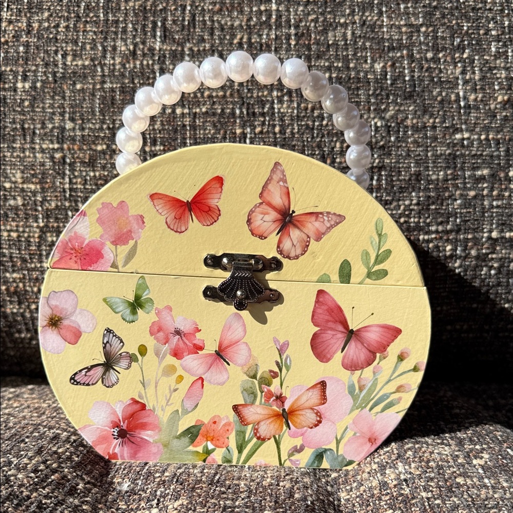 Yellow Floral Butterfly Handbag with Pearl Handle